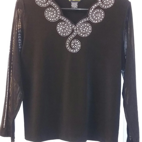 Valentina Tops - Valentina Black Beaded Top w/ Sheer Sleeves. XL